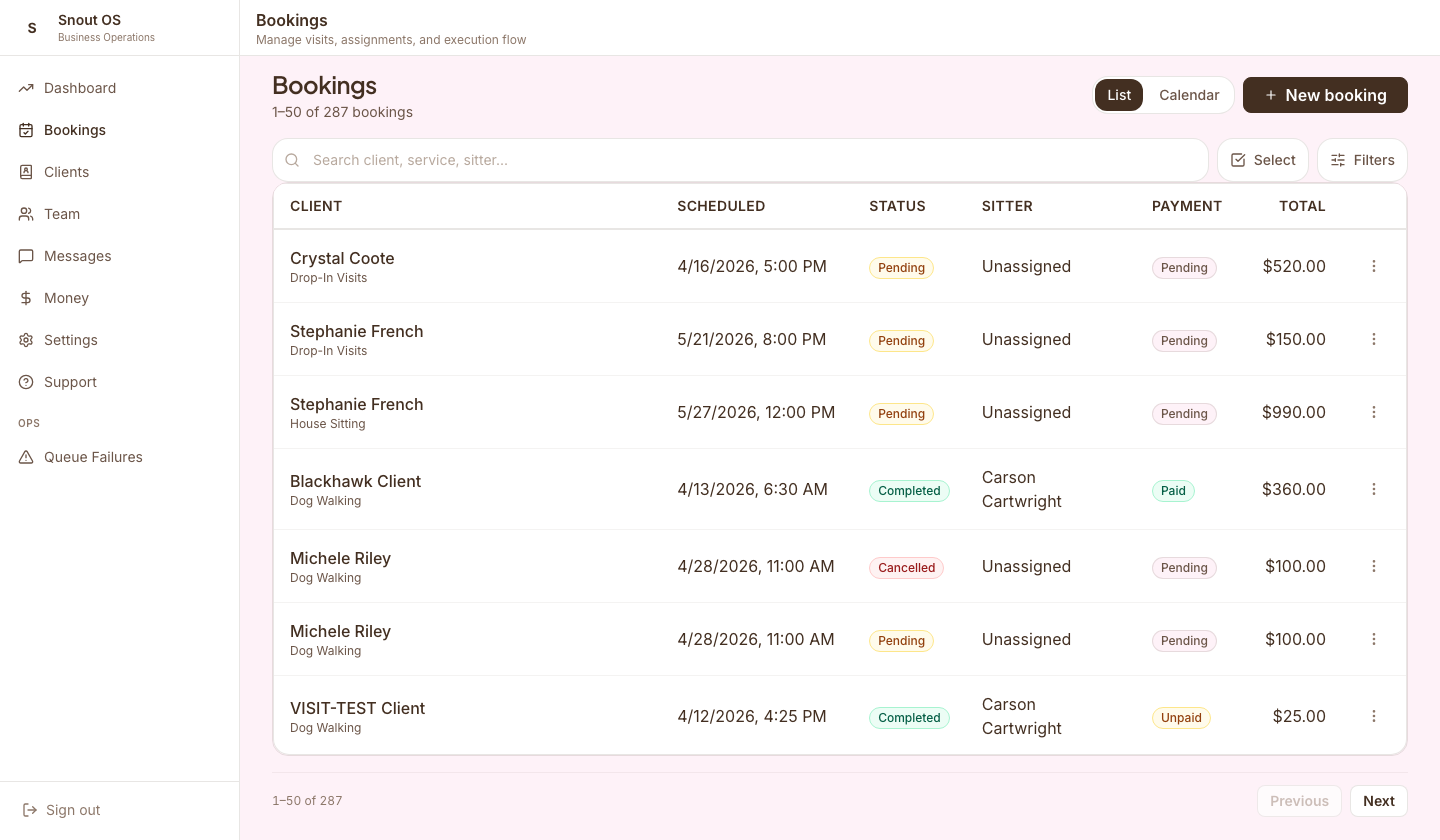 Snout OS bookings page showing a list of 287 real bookings with client names, times, statuses, assigned sitters, and payment state