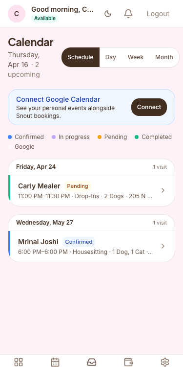 Sitter mobile app showing upcoming visits, status badges for each booking, and a Connect Google Calendar option